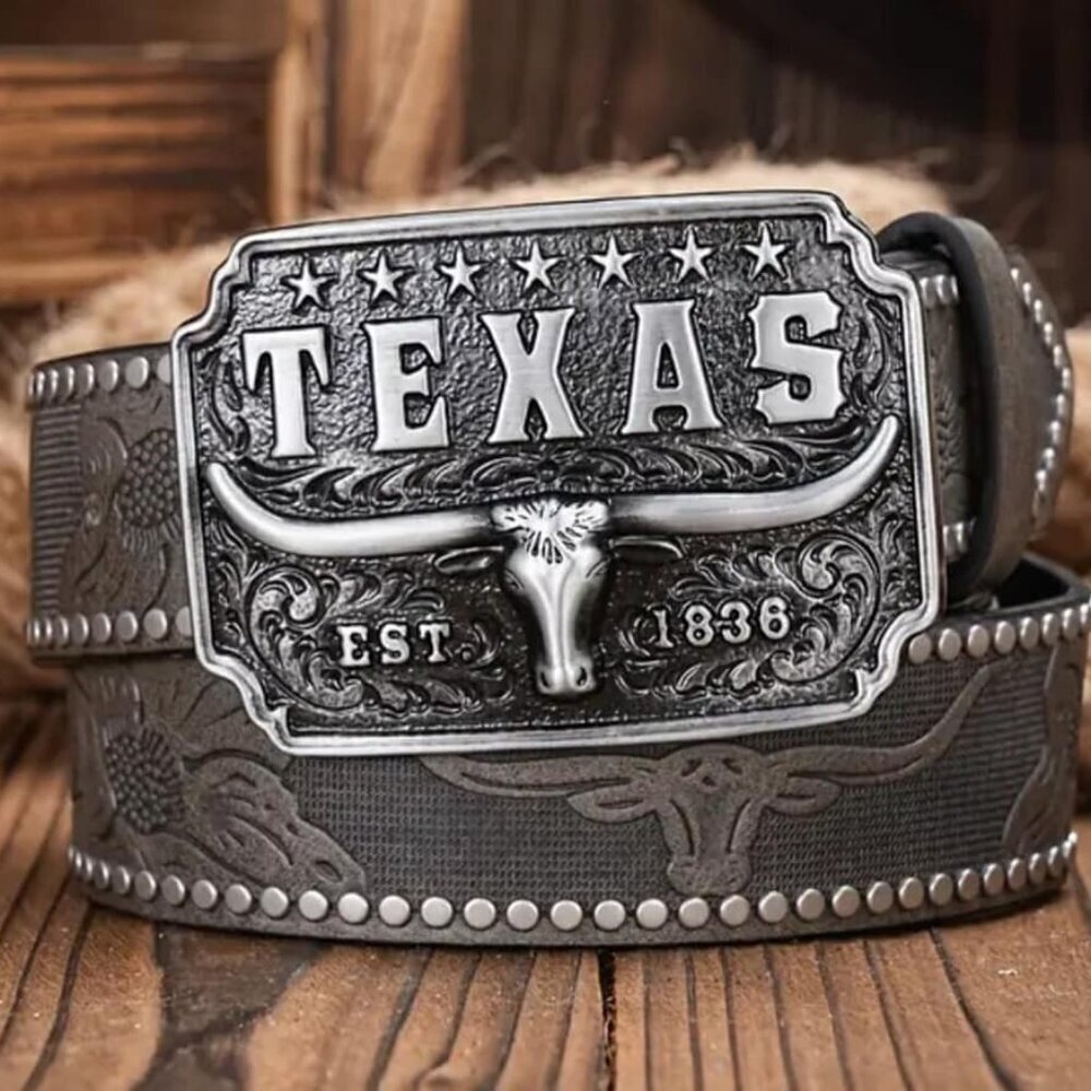 Texas Longhorn Silver & Black Buckle with Pleather Gray 46" Length Belt